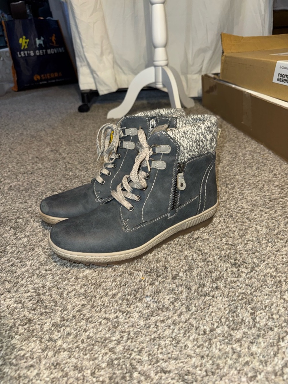 Spring Step Gray Knit-Trim Ankle Boots